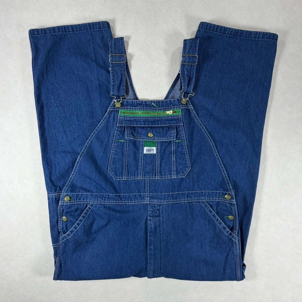Liberty Overalls Mens 42x32 Blue Denim Bib Green Zipper Medium Wash